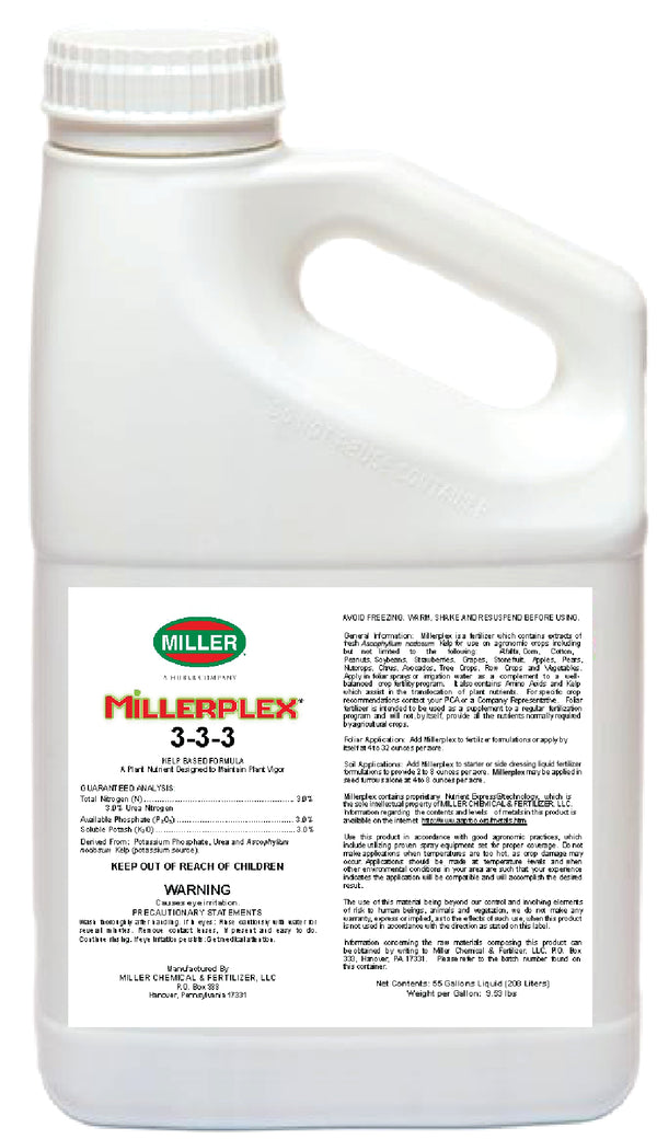 Millerplex 3-3-3, kelp-based balanced fertilizer (1Gal.)