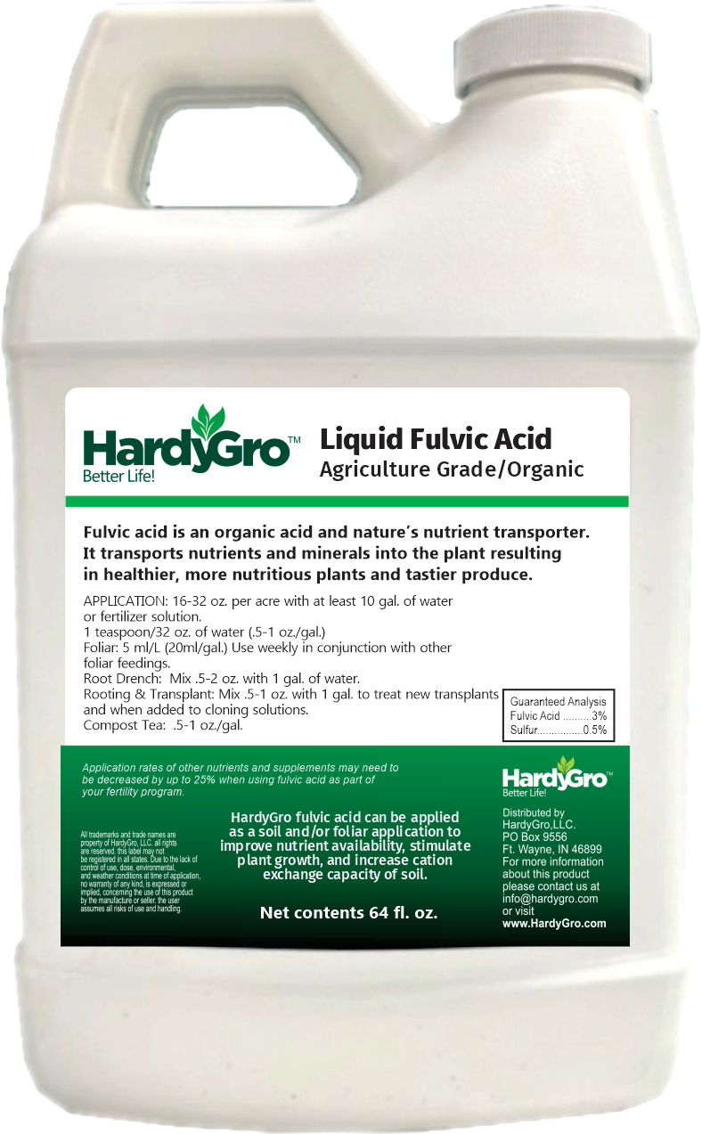 the label on a bottle of organic liquid fertilizer Organic Fulvic Acid Liquid Concentrate (64oz) – HardyGro