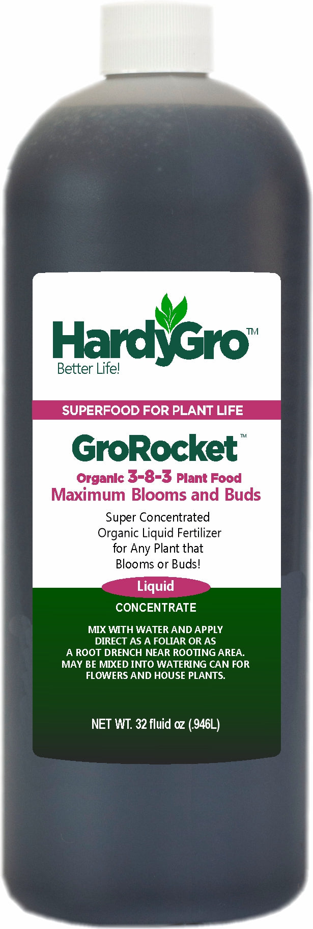 organic liquid fertilizer for seedlings GroRocket organic plant food 3-8-3 + biostimulants + humates + more