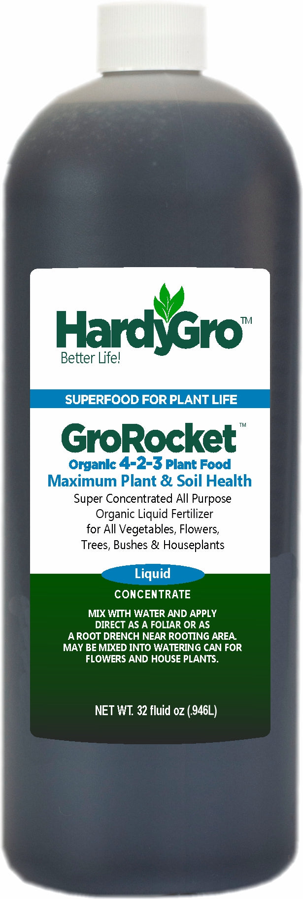 GroRocket organic plant food 4-2-3, 32oz + probiotics