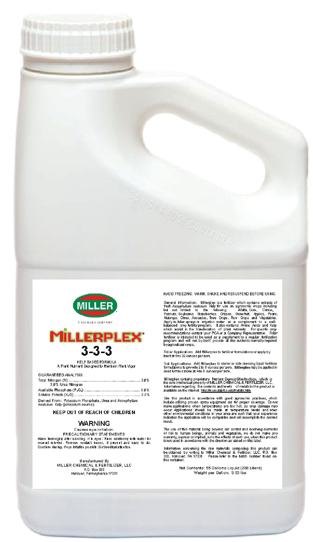 Millerplex 3-3-3, kelp-based balanced fertilizer